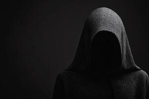 Mysterious figure cloaked in darkness stands silently in an enigmatic atmosphere, evoking curiosity and intrigue photo