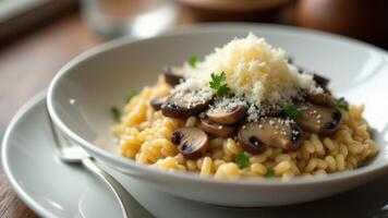 Mushroom Risotto With Parmesan Cheese Close-Up photo