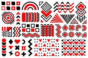 Black and red Memphis design elements, abstract shapes and patterns. Modern shapes, universal shapes and figures for any design project. vector