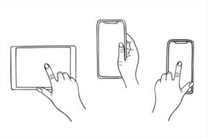 finger touching, scrolling or click on screen of smartphone, tablet and hand holding phone graphic sketch illustration set. Template with blank mobile Device icon for social network, business vector
