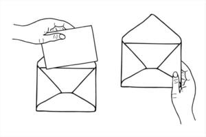 Open envelope isolated illustration set painted by black inks. Human hand putting blank letter and hand holding envelope. Monochrome template message concept illustration for your text. vector