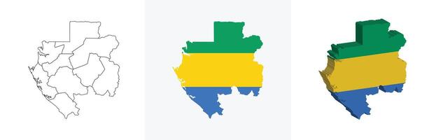 Gabon outline, fill with flag and 3d map vector