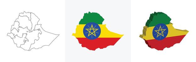 Ethiopia outline, fill with flag and 3d map vector