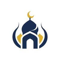 Islamic Architecture A minimalist illustration showcases the iconic form of a mosque, complete with a dome, crescent moon, and star. vector