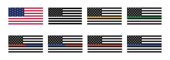 Collection of US Flags with Support Stripes. American Thin Line Flags. vector
