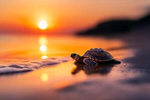 Sunset view of a sea turtle on the beach as waves gently lap against the shoreline photo