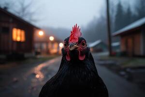 Black rooster standing proudly on a misty evening near rustic wooden cabins photo