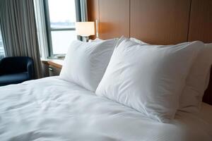 Cozy hotel room with crisp white bedding and a view of the city skyline during daylight hours photo