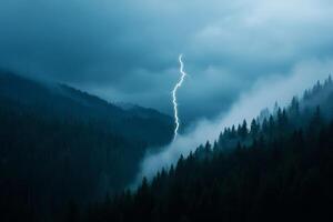 Lightning strikes the mountainside as storm clouds gather during twilight photo