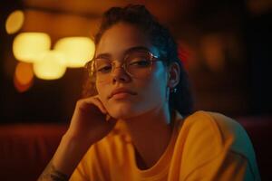 Captured moment of a young woman with glasses resting her chin on her hand in a cozy, dimly lit cafe during the evening photo
