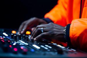 Music producer adjusts sound mixer controls during nightclub performance photo