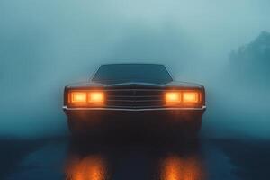 Classic car illuminated by headlights in a dense fog on a misty road at twilight photo