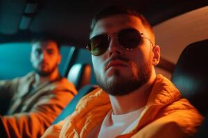 Young men wearing sunglasses in a car illuminated by colorful lights during nighttime photo