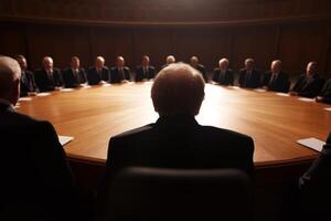 Gathering of leaders at a round table discussing key issues in a dimly lit room during a formal meeting photo