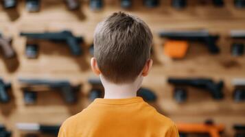 Young child observes gun display in a store while contemplating safety and responsibility photo