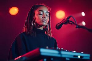 A musician with dreadlocks focuses deeply while playing a keyboard at a vibrant live concert. photo