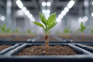 New plant growth in a greenhouse setting with focused lighting during a nurturing session photo