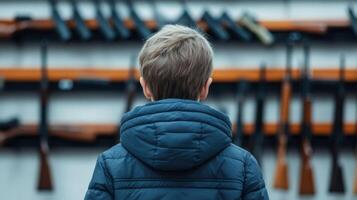 Child observes firearms in a display at a shop with various rifles on a wall in broad daylight photo