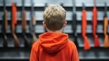 Young boy in an orange hoodie looks at a wall of firearms in a shooting range photo