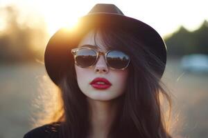 Woman in sunglasses and hat enjoys golden hour sunlight in a field photo