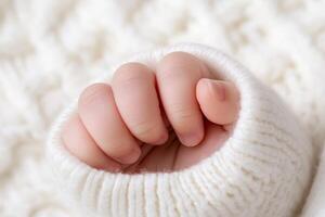 A tiny newborn's hand emerges from a white knit sleeve, gently holding the soft fabric nearby. The scene captures warmth and tenderness, ideal for winter moments photo