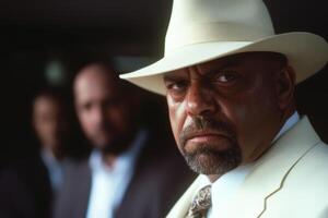Intense moment of a man in a white suit and hat at a tense gathering during a warm evening in a city photo