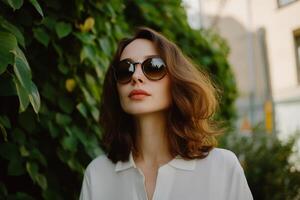 Woman in sunglasses enjoying a sunny moment in a lush green urban environment during the afternoon photo
