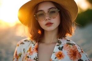 Beautiful young woman wearing sunglasses and a floral kimono enjoys a sunset on the beach in summer photo