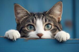 Curious cat peeking over wooden fence against vibrant blue background photo