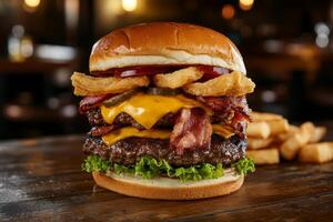 Mouthwatering burger with crispy toppings and fries served in a cozy restaurant setting photo