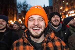 Joyful crowd enjoys an evening event in the city with vibrant energy and laughter photo