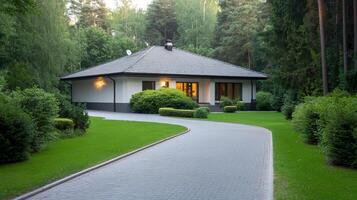Cozy modern house surrounded by lush greenery and well-maintained landscape on a sunny day photo