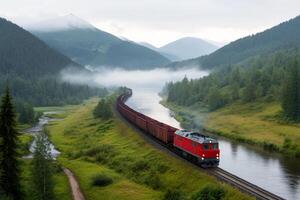 Train travels along a scenic river surrounded by misty mountains in a tranquil landscape during overcast weather photo