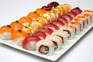 Delicious sushi platter featuring a variety of rolls and sashimi served on a white plate photo