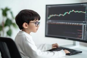 Young boy closely analyzing stock market trends on a large computer screen in a modern workspace photo