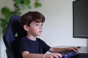 Young boy focused on computer work in a modern home office setting during the afternoon photo