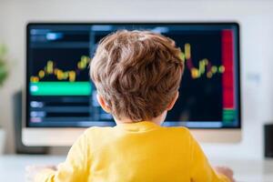Child explores stock market trends on a computer in a bright home office during the day photo