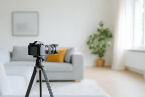 Camera on tripod positioned in a bright living room with neutral decor and a touch of greenery during daylight photo