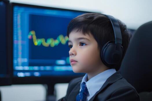 Young boy in formal attire focused on a computer screen while wearing headphones in a modern workspace photo