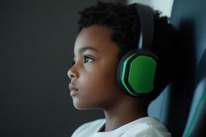 Young child wearing headphones focuses intently while enjoying a digital experience in a modern setting photo