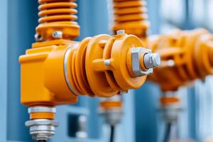Industrial machinery featuring bright orange valves and equipment in a factory setting with focus on precision engineering photo
