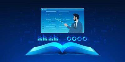 Education Technology An open book with a window showing a person teaching, reflecting the use of technology through digital media and online platforms, via networks and the Internet. vector
