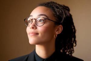 Confident young woman with glasses and dreadlocks gazes thoughtfully out of a warm-toned window photo