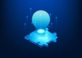 Jigsaw with the light bulb on top represents the entrepreneur who needs a team to help find ideas, develop products and solve problems so that the organization can grow and develop. vector