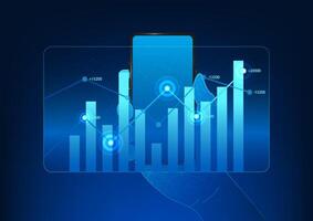 Smartphone Technology, Businessman holding a phone with a projection of a stock chart and income chart, conveying businessman using technology to help check the company's profit and loss information. vector