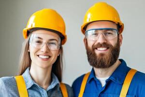 Two cheerful construction workers pose together in a well-lit workspace. photo