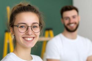 Young couple smiles while decorating their home in a cheerful indoor setting with a green accent wall photo