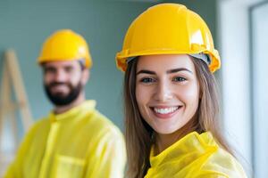 Two construction workers are wearing yellow hard hats and reflective gear while working inside a newly renovated building. photo