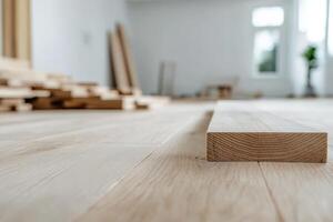 Wooden planks arranged on the floor in a spacious room undergoing renovation during daylight hours photo