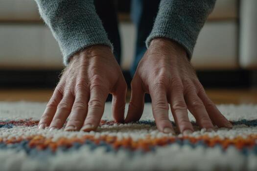 Hands touching a colorful textured rug in a cozy living room setting during the afternoon photo